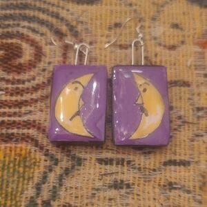 Lunar Charm Purple Earrings Tiny Original Art Hand Painted Moon